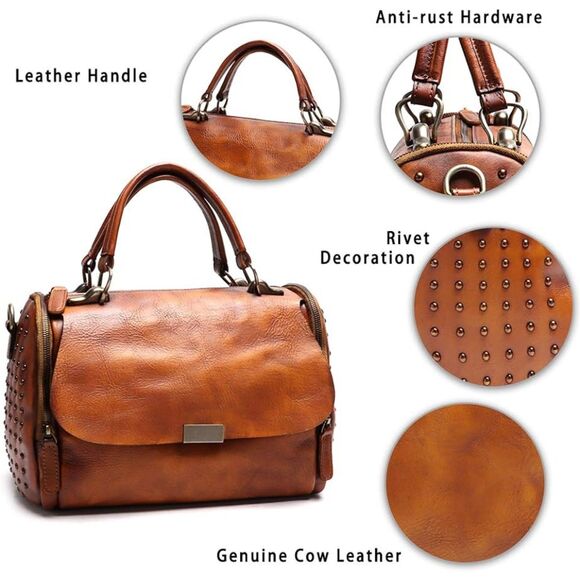 IVTG Brown Leather Satchel Medium Crossbody Studded Bag Purse - Picture 9 of 16